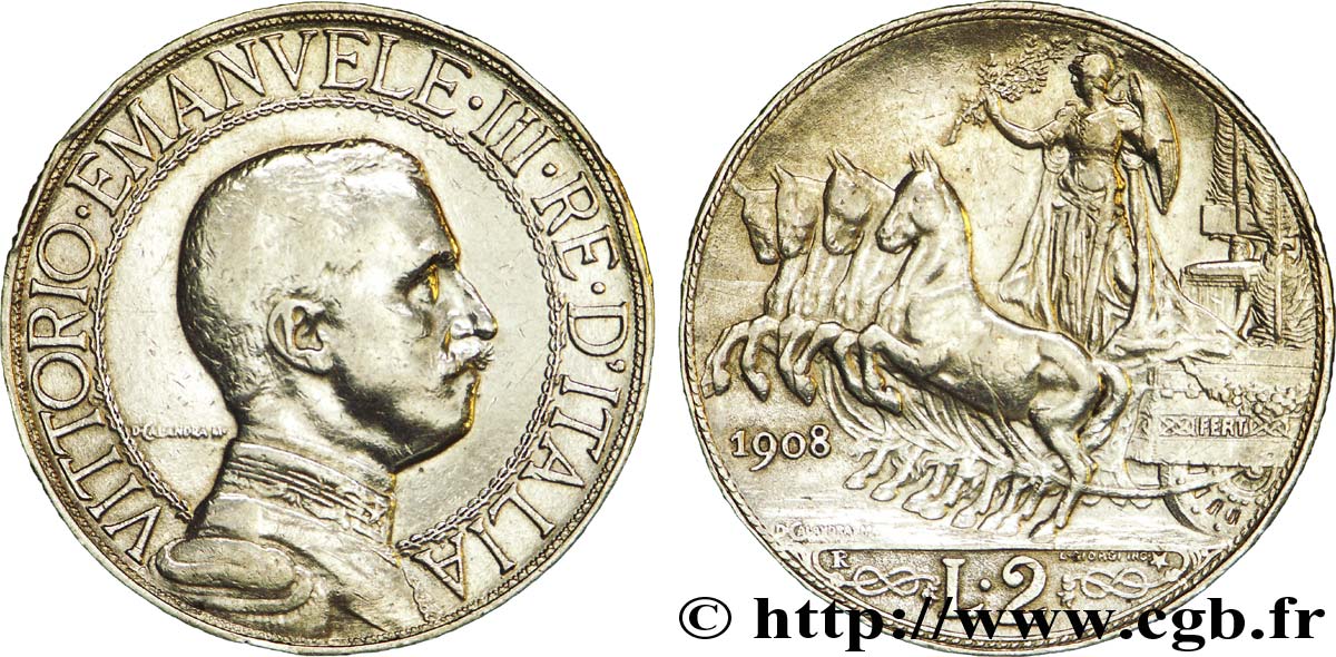 ITALIA 2 Lire Victor Emmanuel III / quadrige 1908 Rome - R BC+ 