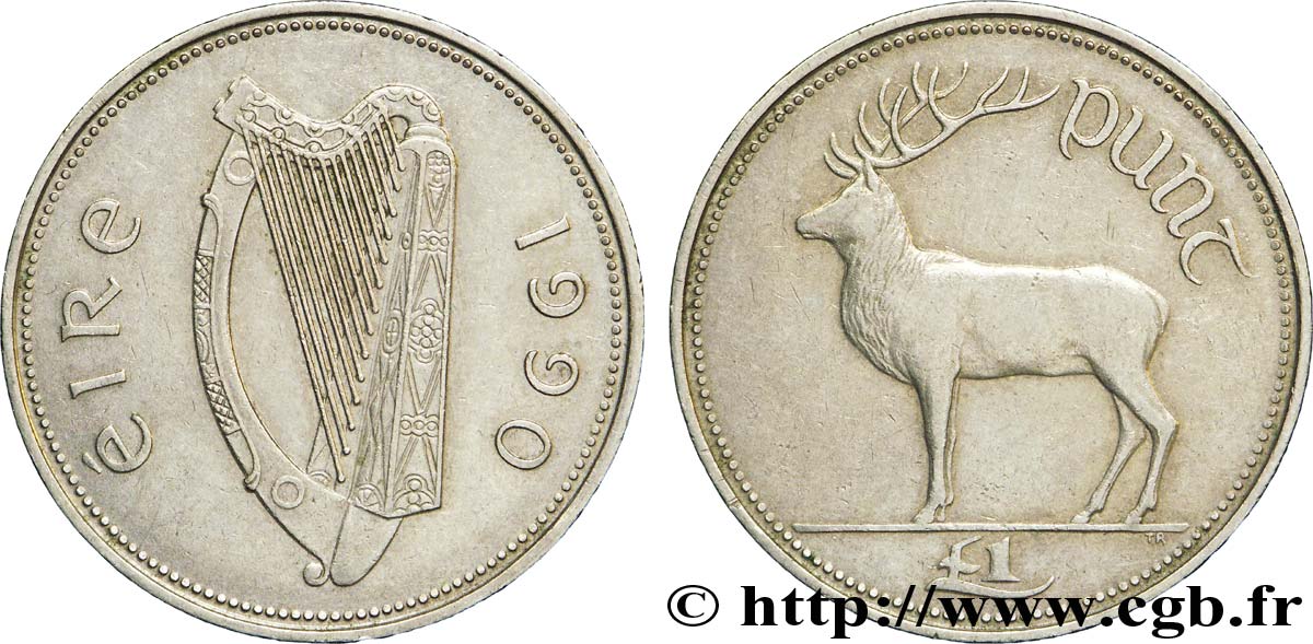 IRELAND REPUBLIC 1 Punt harpe / cerf 1990  XF 