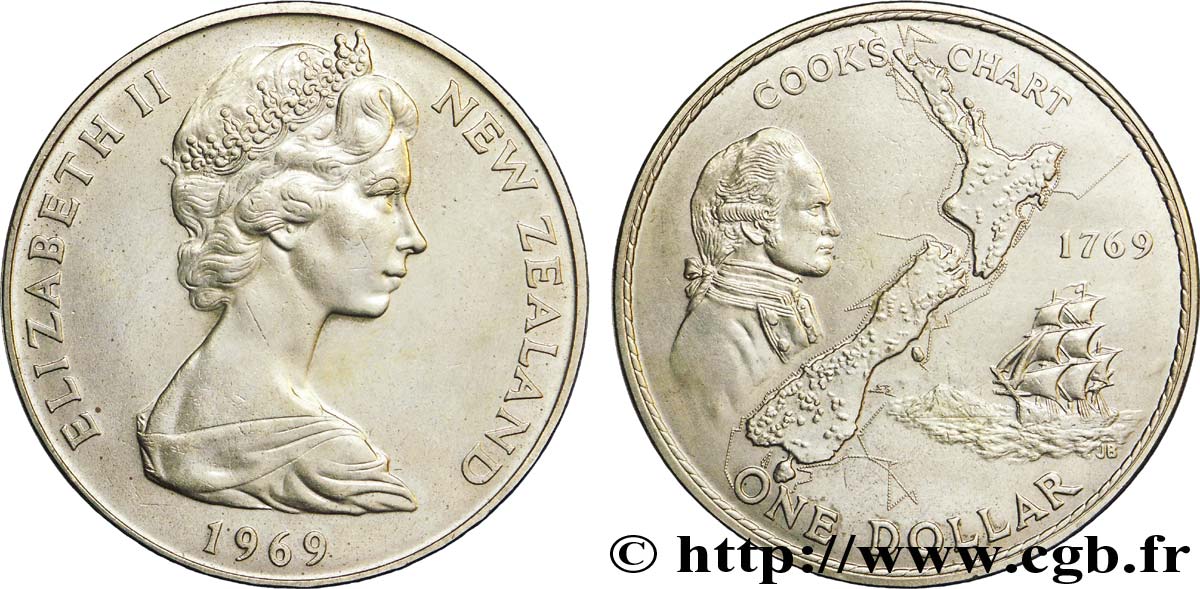 NEW ZEALAND 1 Dollar Elisabeth II / 200e anniversaire du voyage du capitaine Cook 1969 Camberra AU 