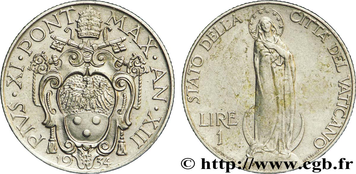 VATICANO E STATO PONTIFICIO 1 Lire frappe au nom de Pie XI an XIII / Vierge sur un globe 1934 Rome q.SPL 