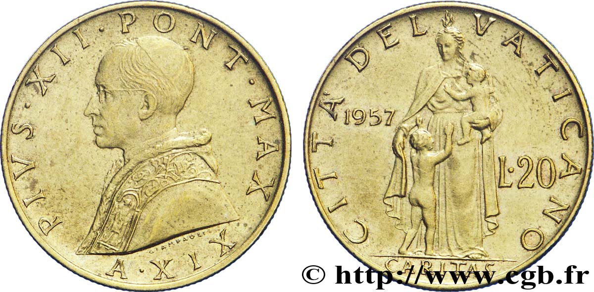 VATICANO Y ESTADOS PONTIFICIOS 20 Lire Pie XII an XIX / Caritas 1957 Rome EBC 