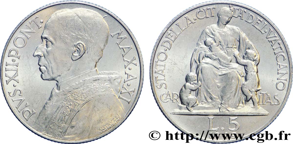 VATICAN AND PAPAL STATES 5 Lire Pie XII an XI / Caritas 1949  AU 