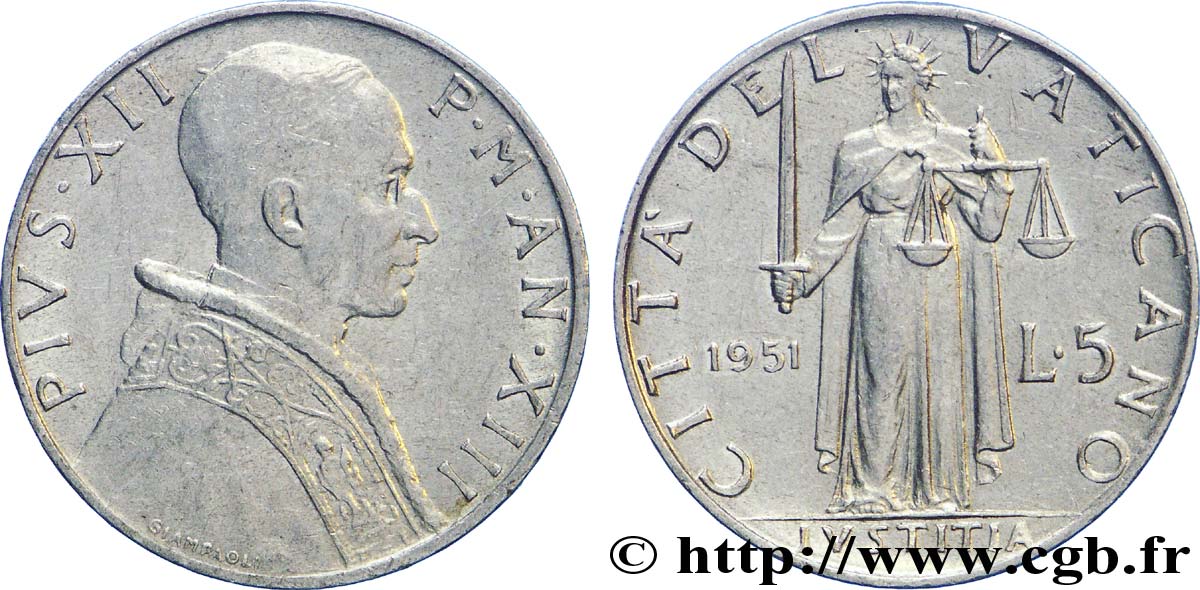 VATICAN AND PAPAL STATES 5 Lire Pie XII an XIII / la ‘Justice’ 1951 Rome - R AU 
