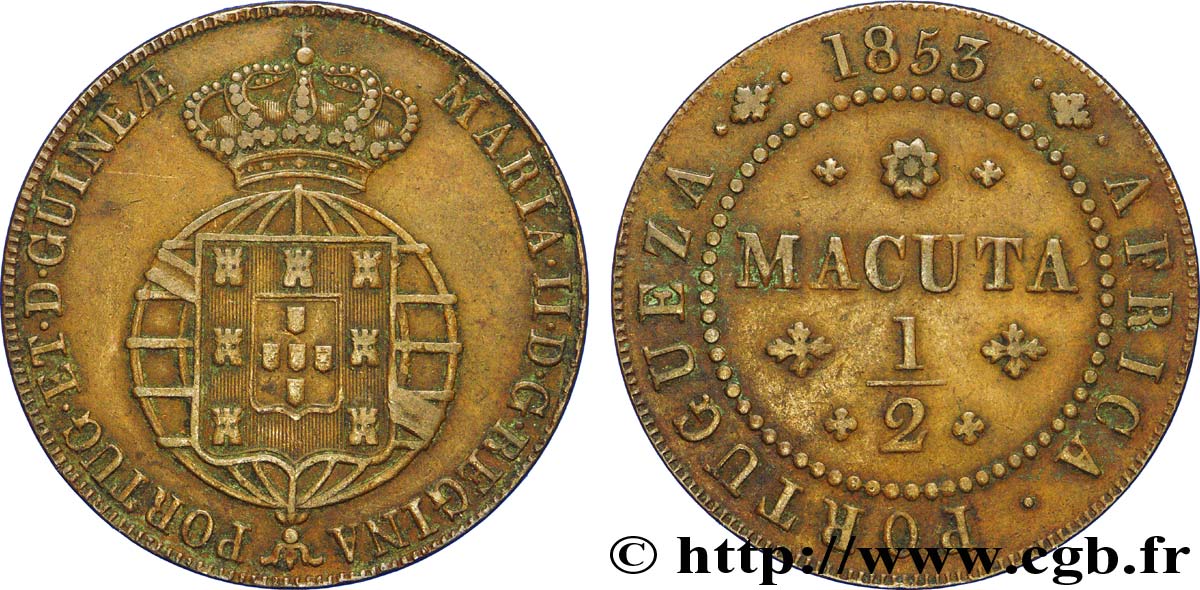 ANGOLA 1/2 Macuta frappe au nom de Marie II (Maria) reine du portugal  1853  MBC 