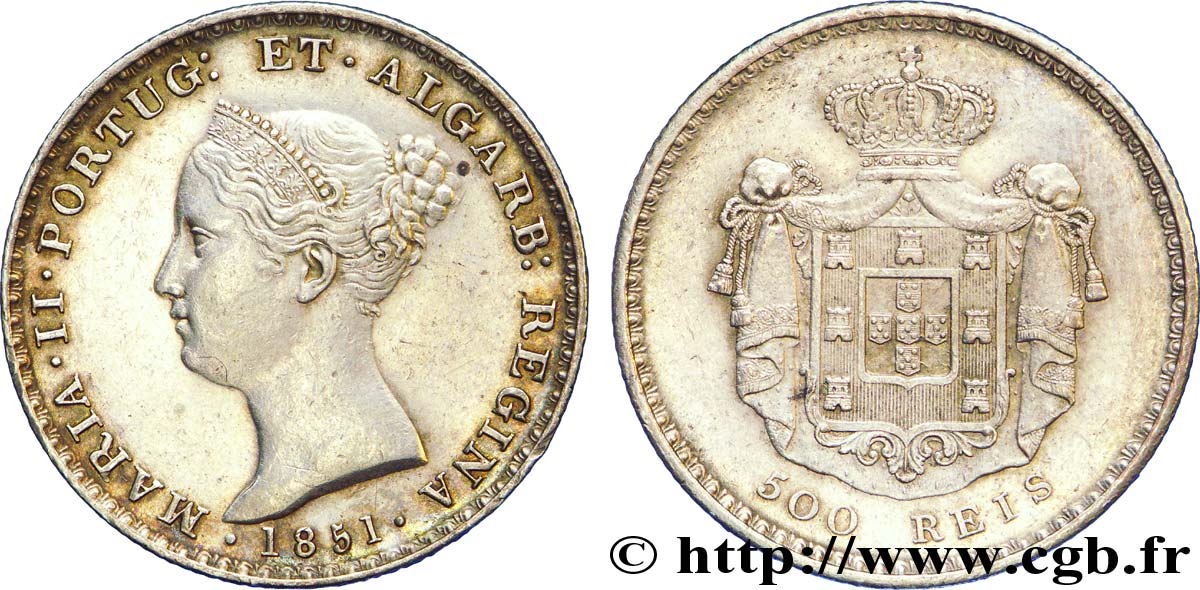 PORTUGAL 500 Réis Marie II (Maria) / emblème 1851  SUP 