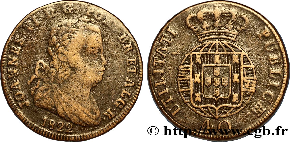 PORTUGAL 1 Pataco (40 Réis) Jean VI (Joao) 1822  VF 