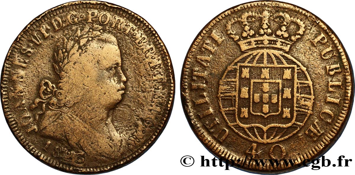 PORTUGAL 1 Pataco (40 Réis) Jean VI (Joao) 1823  VF 