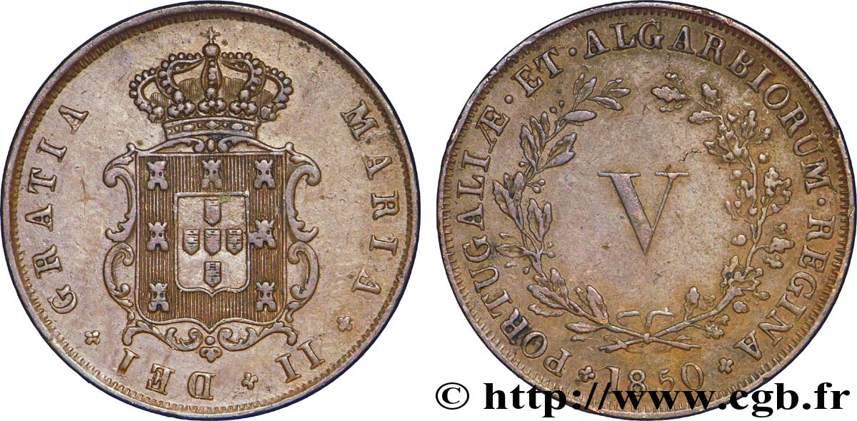 PORTUGAL 5 Réis frappe au nom de Marie II (Maria) 1850  EBC 