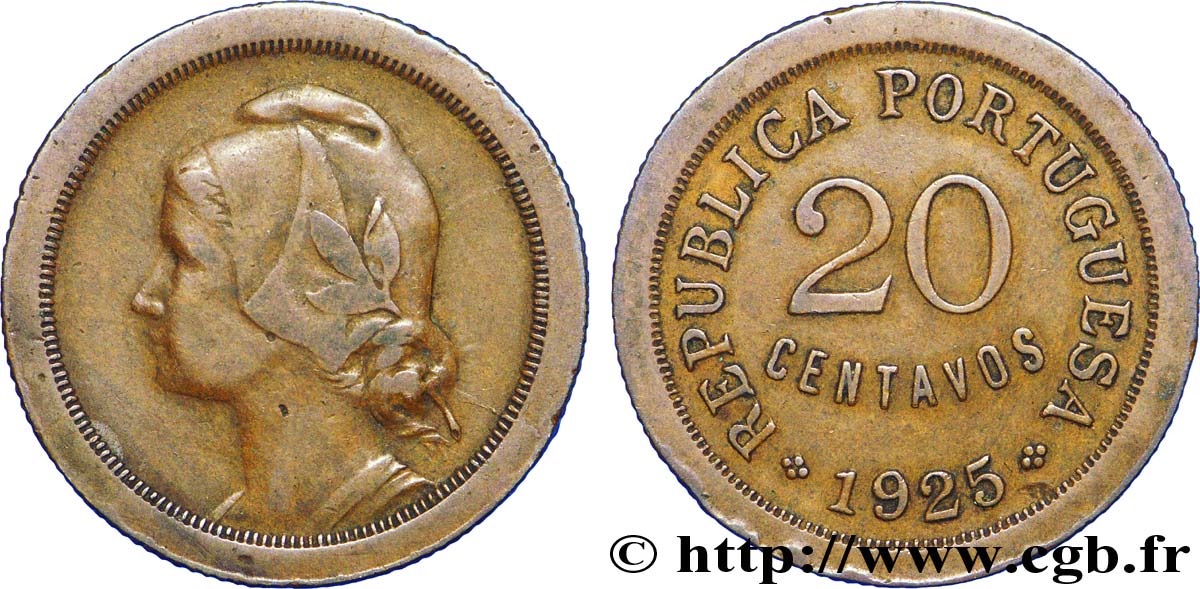 PORTUGAL 20 Centavos 1925  XF 