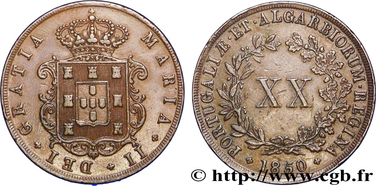 PORTUGAL 20 Réis au nom de Marie II (Maria) 1850  SUP 