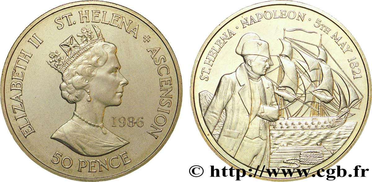 SANT ELENA E ASCENSIONE 50 Pence Elisabeth II / mort de Napoléon à St Hélène 1986  SPL 
