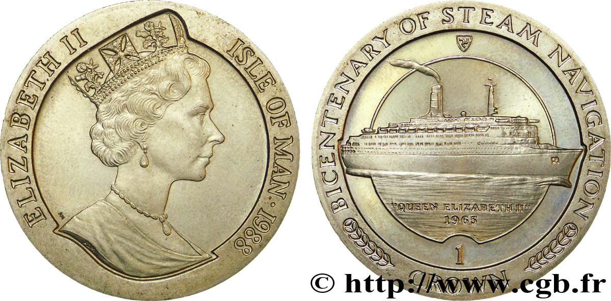 INSEL MAN 1 Crown Bicentenaire de la navigation à vapeur : Elisabeth II / le “Queen Elizabeth II” 1988  VZ 