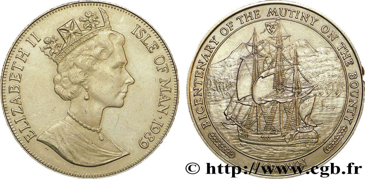 ISLA DE MAN 1 Crown Elisabeth II / Bicentenaire de la révolte du Bounty 1989  EBC 