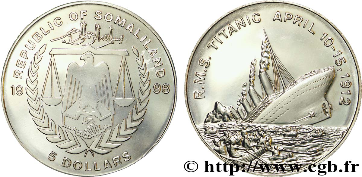 SOMALILAND 5 Dollars emblème / naufrage du Titanic 1998  SPL 