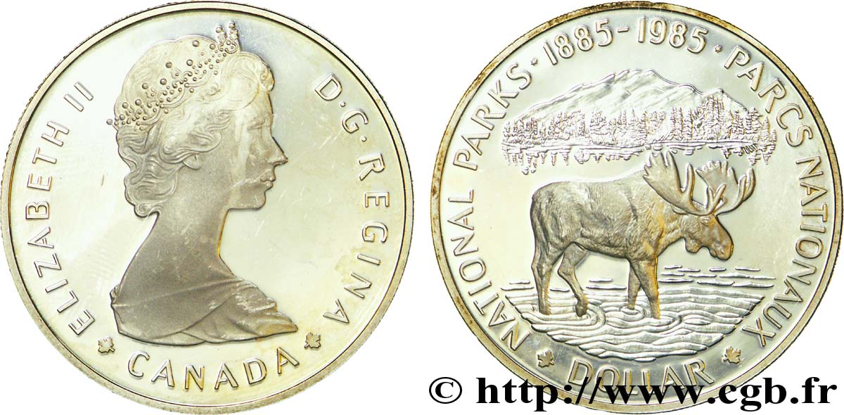 CANADá
 1 Dollar BE (proof) Elisabeth II / 100e anniversaire de la fondation des Parcs Nationaux, élan 1985  EBC 