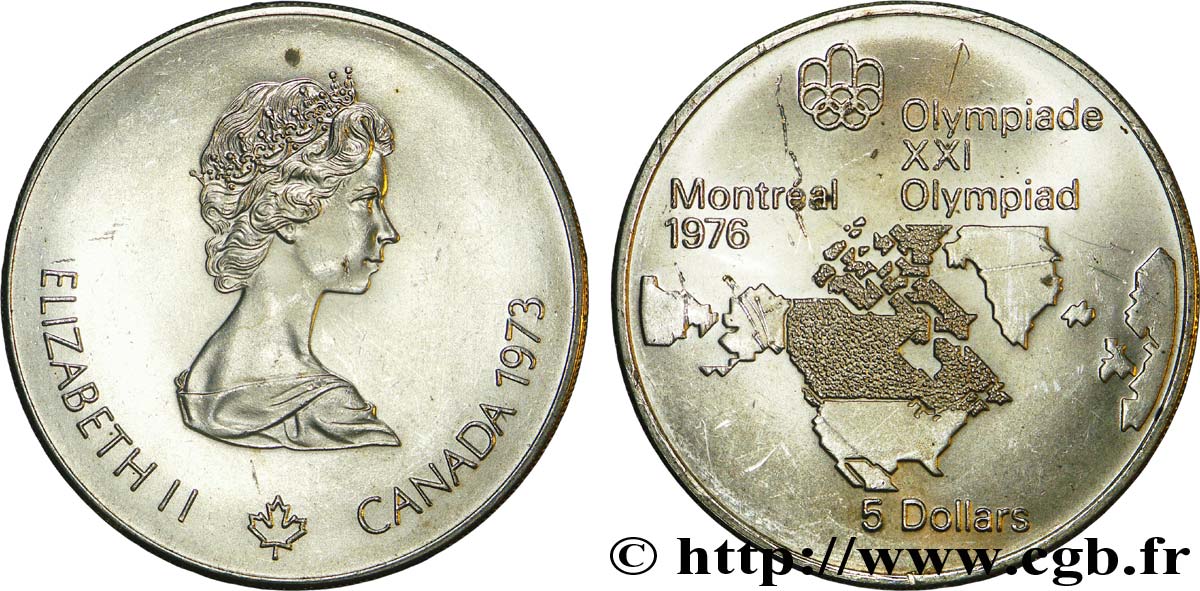 KANADA 5 Dollars JO Montréal 1976 carte de l’Amérique du Nord / Elisabeth II 1973  VZ 