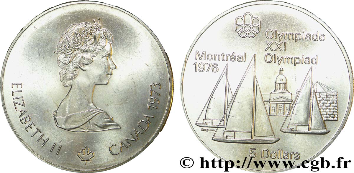 CANADA 5 Dollars JO Montréal 1976 voiliers / Elisabeth II 1973  AU 