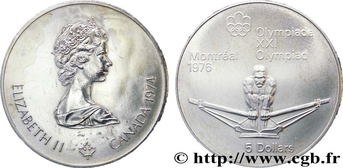 KANADA 5 Dollars JO Montréal 1976 rameur / Elisabeth II 1974  VZ 