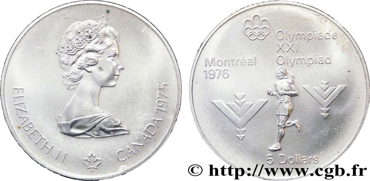 CANADá
 5 Dollars JO Montréal 1976 marathon / Elisabeth II 1975  EBC 
