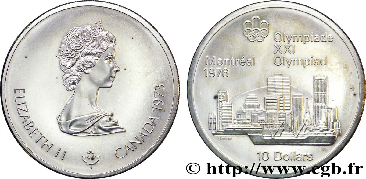 KANADA 10 Dollars JO Montréal 1976 “skyline” de Montréal / Elisabeth II 1973  VZ 