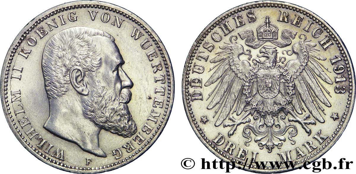 GERMANY - WÜRTTEMBERG 3 Mark Royaume du Wurtemberg Guillaume II 1913 Stuttgart - F AU 
