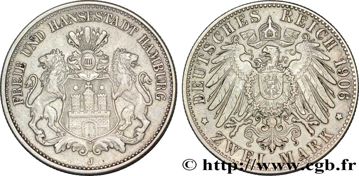 GERMANIA - LIBERA CITTA DE AMBURGO 2 Mark blason de Hambourg / aigle 1906 Hambourg - J BB 