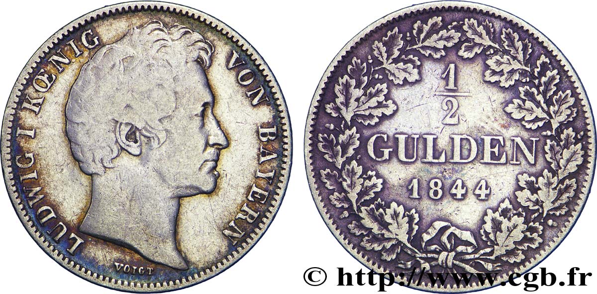 ALLEMAGNE - BAVIÈRE 1/2 Gulden Louis Ier 1844 Munich TB 