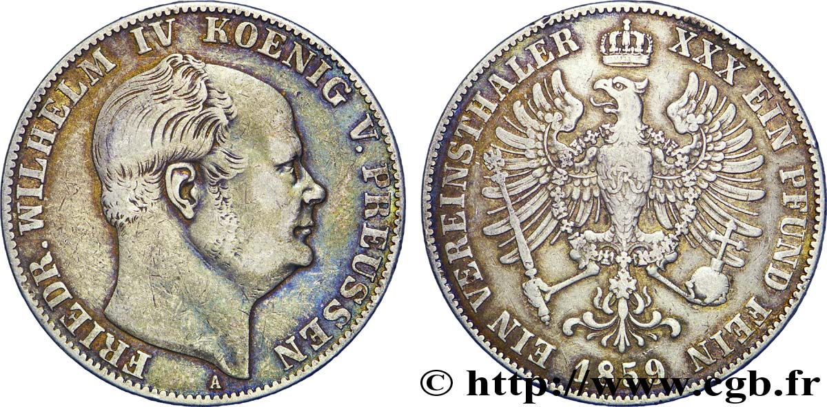 GERMANIA - PRUSSIA 1 Thaler Frédéric-Guillaume IV / aigle 1859 Berlin BB 