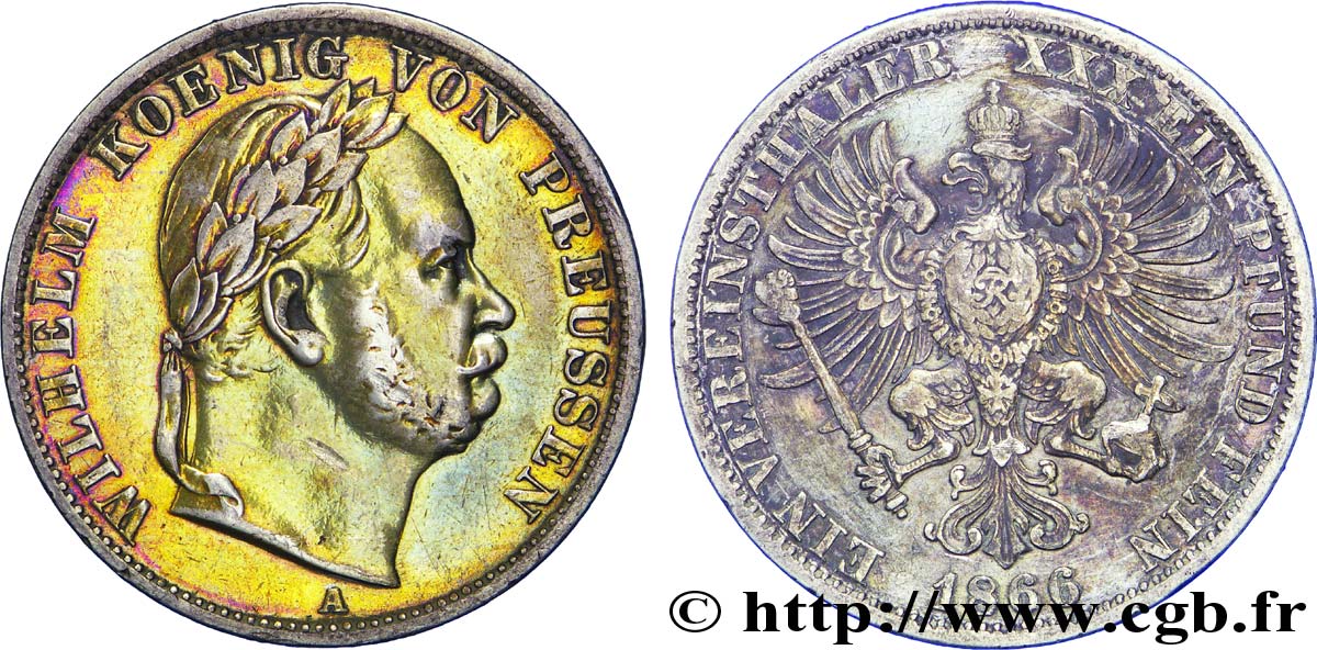 GERMANIA - PRUSSIA 1 Vereinsthaler Guillaume Ier roi de Prusse / aigle héraldique 1866  BB 