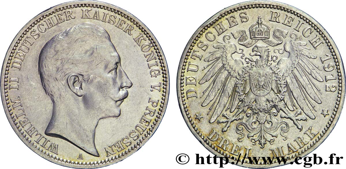 GERMANIA - PRUSSIA 3 Mark Guillaume II roi de Prusse et empereur / aigle héraldique 1912 Berlin SPL 
