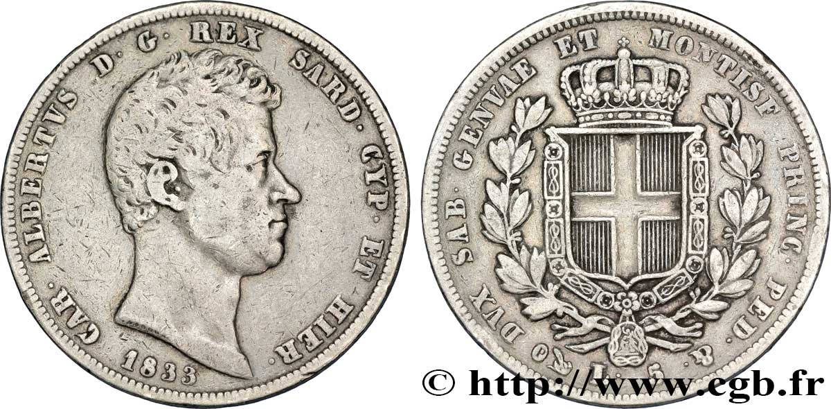 ITALY - KINGDOM OF SARDINIA 5 Lire Charles Albert, roi de Sardaigne 1833 Gênes XF 