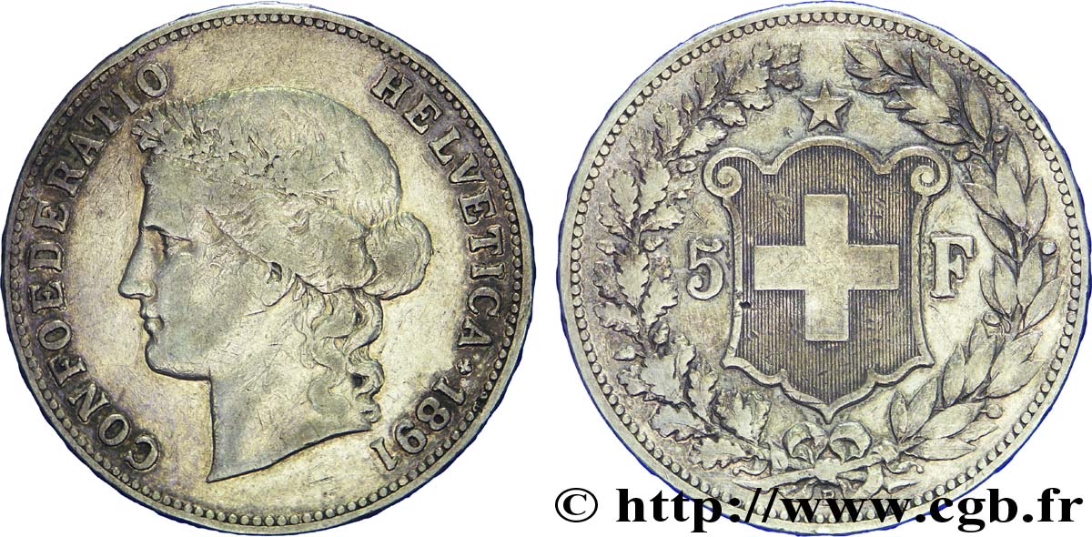 SWITZERLAND 5 Francs Helvetia buste 1891 Berne - B VF 