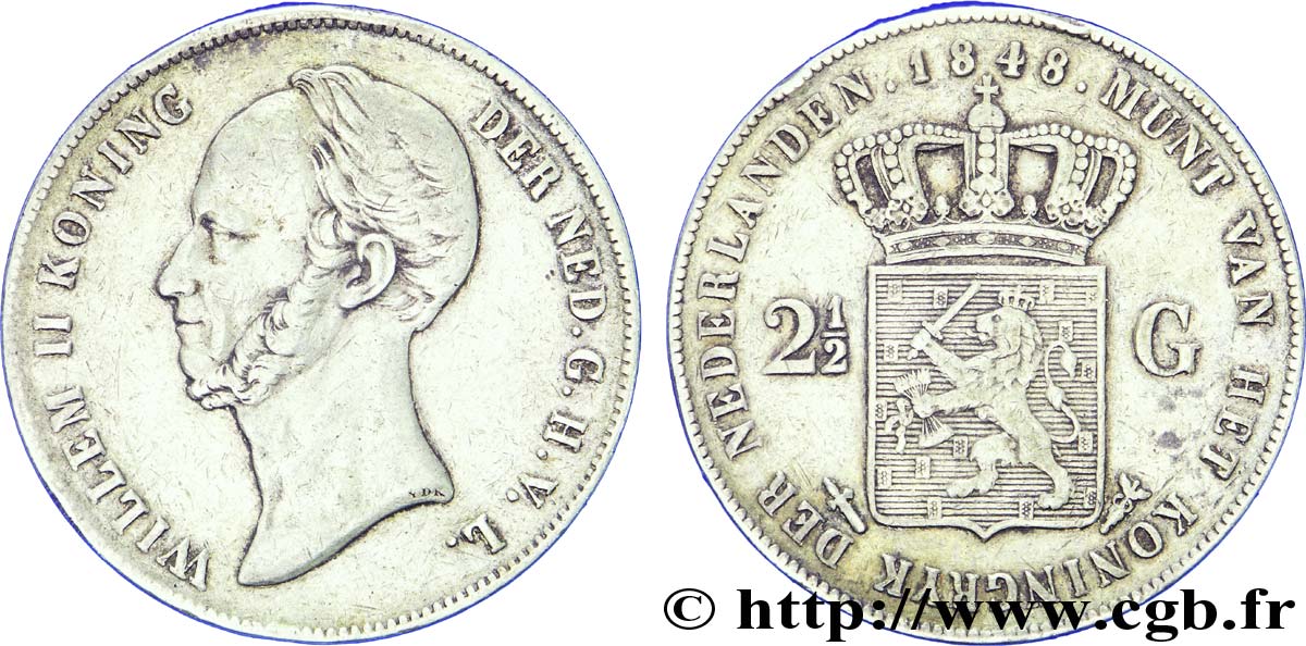 NETHERLANDS 2 1/2 Gulden Guillaume II 1848 Utrecht XF 