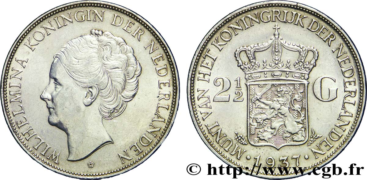 PAESI BASSI 2 1/2 Gulden Wilhelmina 1937 Utrecht SPL 