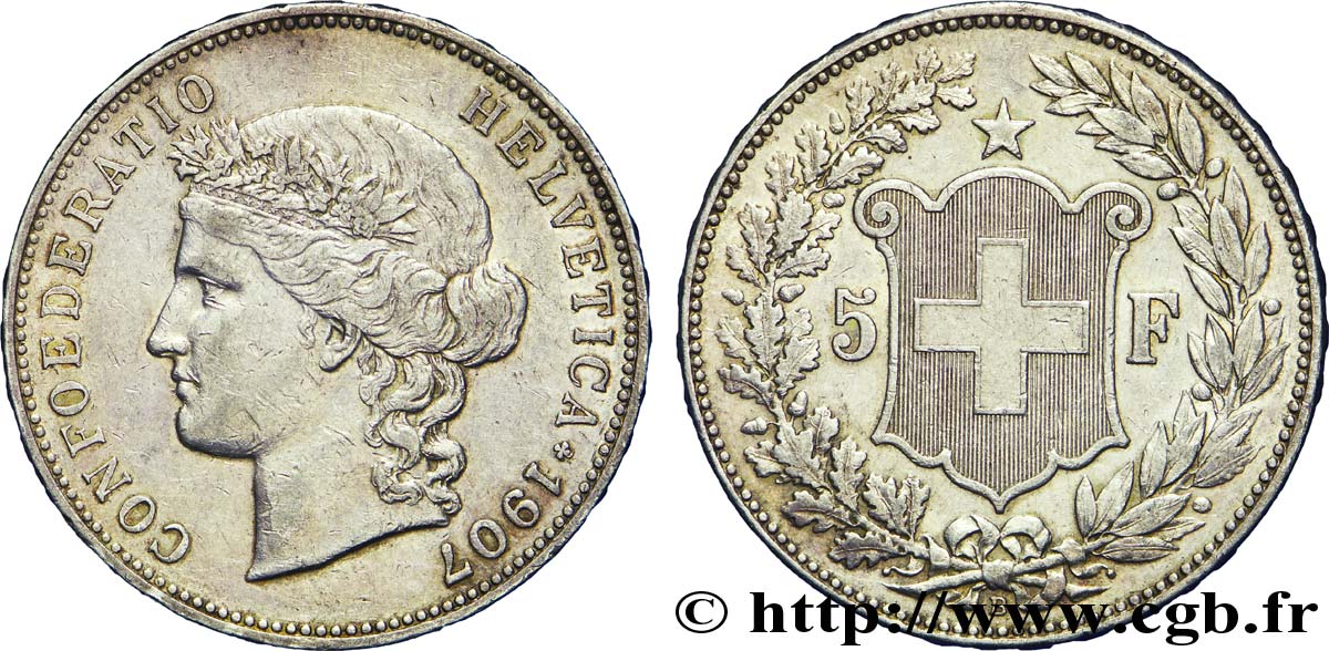 SUIZA 5 Francs Helvetia buste 1907 Berne - B MBC 