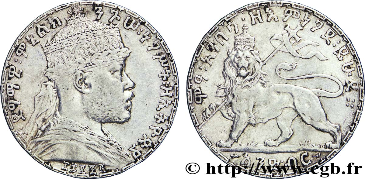 ETHIOPIA 1 Birr Ménélik II / lion EE1895 1903 Paris XF 