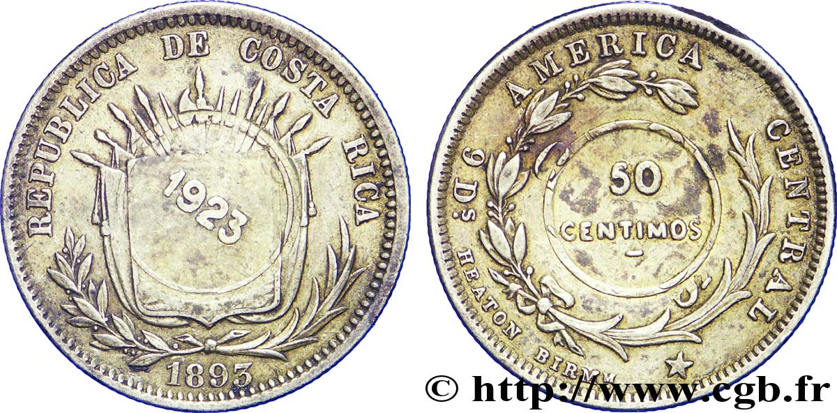 COSTA RICA 50 Centimos emblème surfrappe sur 25 Centavos 1893 1923  AU 
