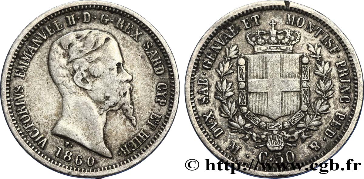 ITALY - KINGDOM OF SARDINIA 50 Centesimi Victor Emmanuel II roi de Sardaigne 1860 Milan - M VF 