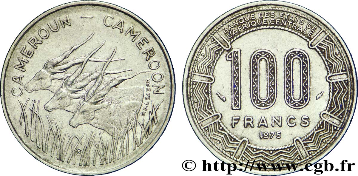 CAMEROON 100 Francs légende bilingue, type BEAC antilopes 1975 Paris AU 