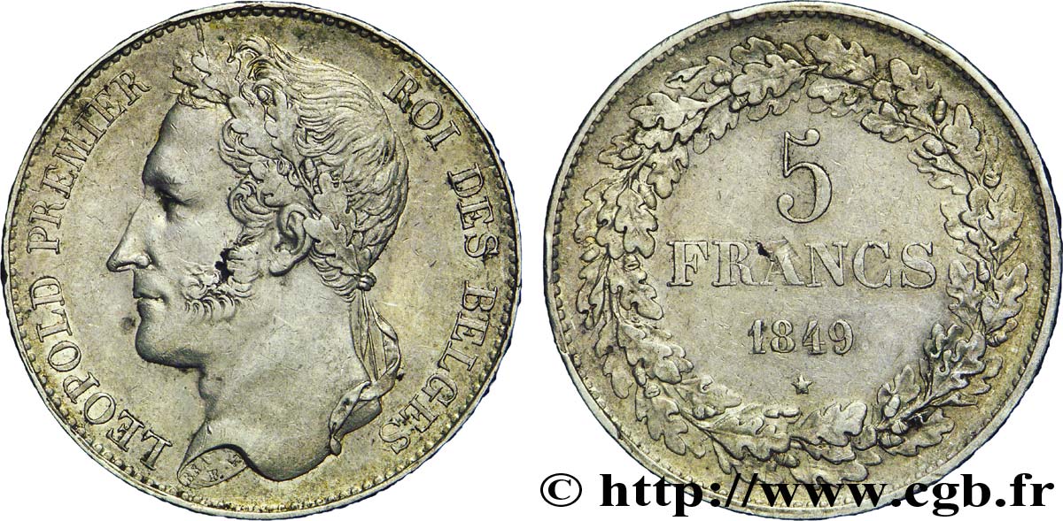 BELGIO 5 Francs Léopold Ier tête laurée 1849  q.SPL 
