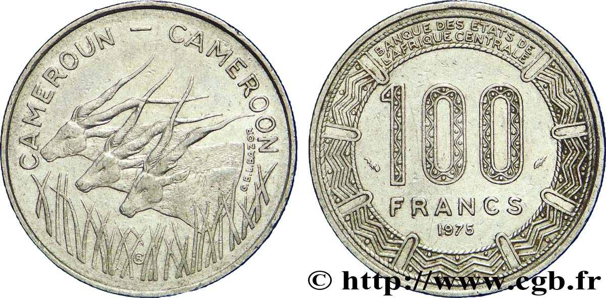 CAMERúN 100 Francs légende bilingue, type BEAC antilopes 1975 Paris MBC 
