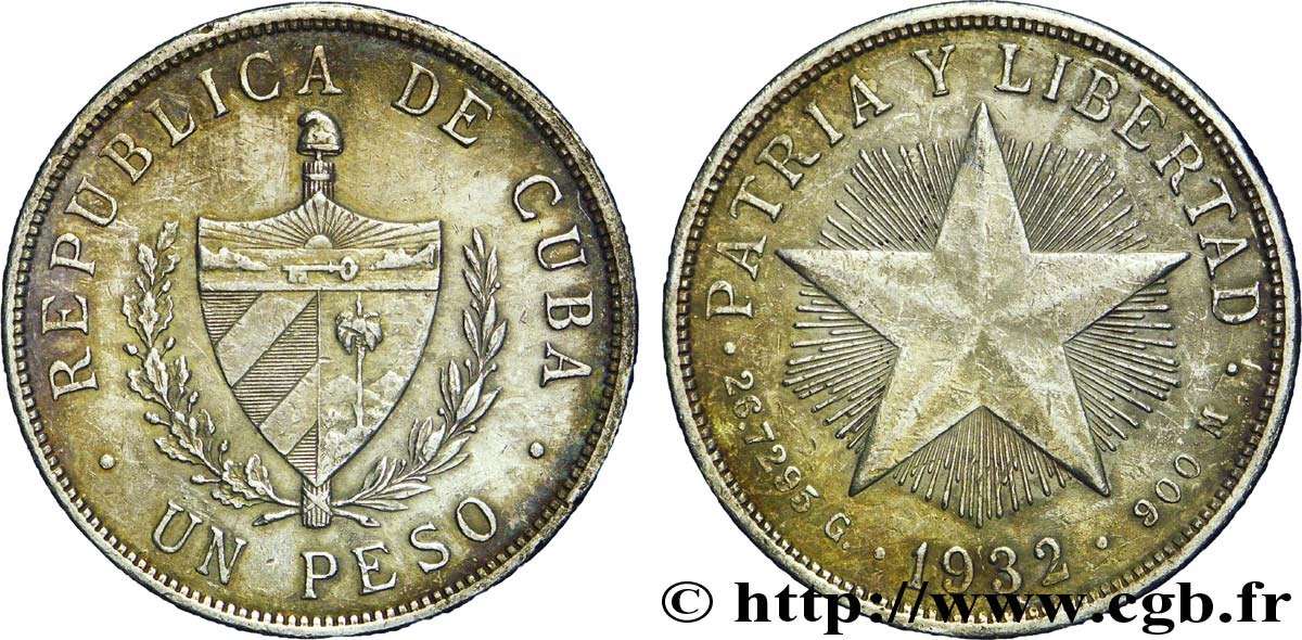 CUBA 1 Peso emblème / étoile 1932  BC+ 