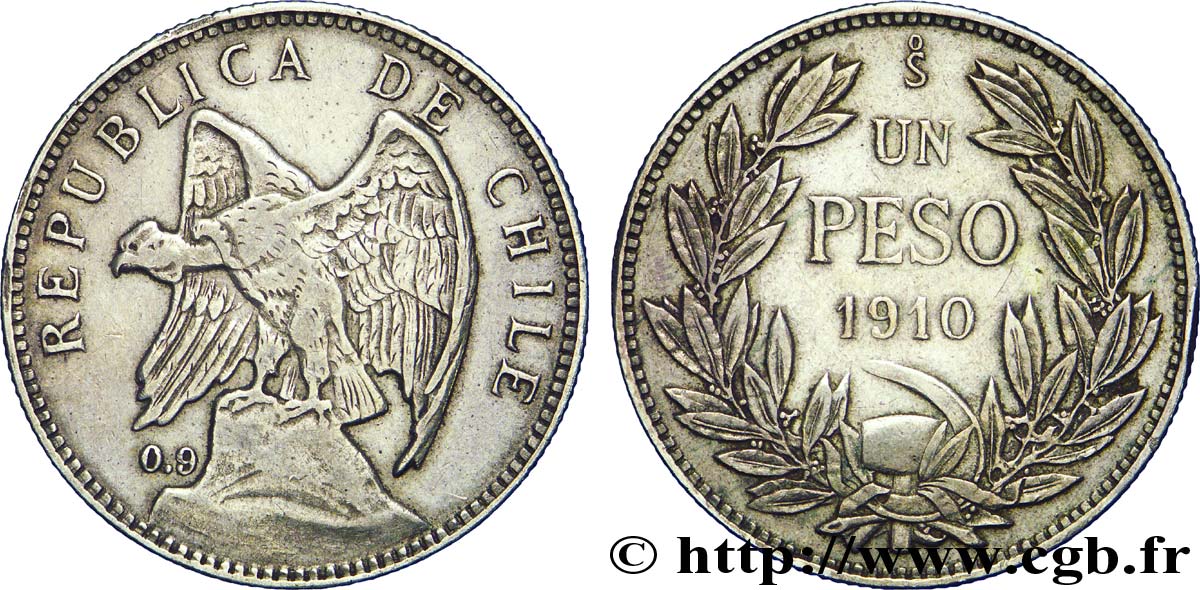 CHILE 1 Peso condor 1910 Santiago - S° XF 