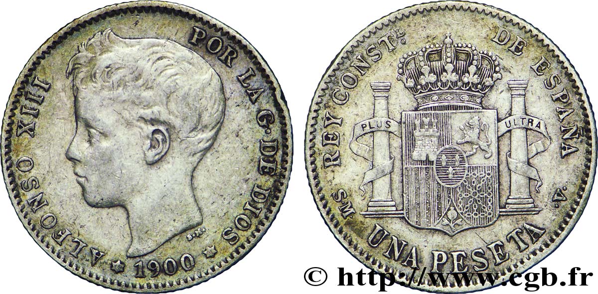 SPAGNA 50 Centimos Alphonse XIII 3e type / emblème couronné 1900 Madrid BB 
