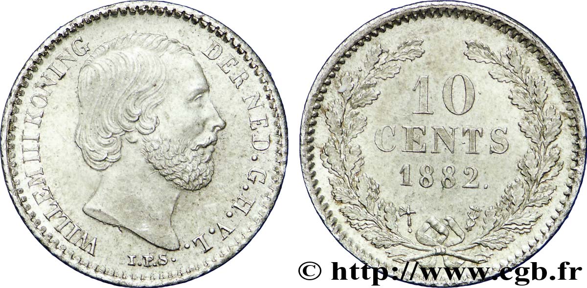 NETHERLANDS 10 Cents Guillaume III 1882 Utrecht MS 