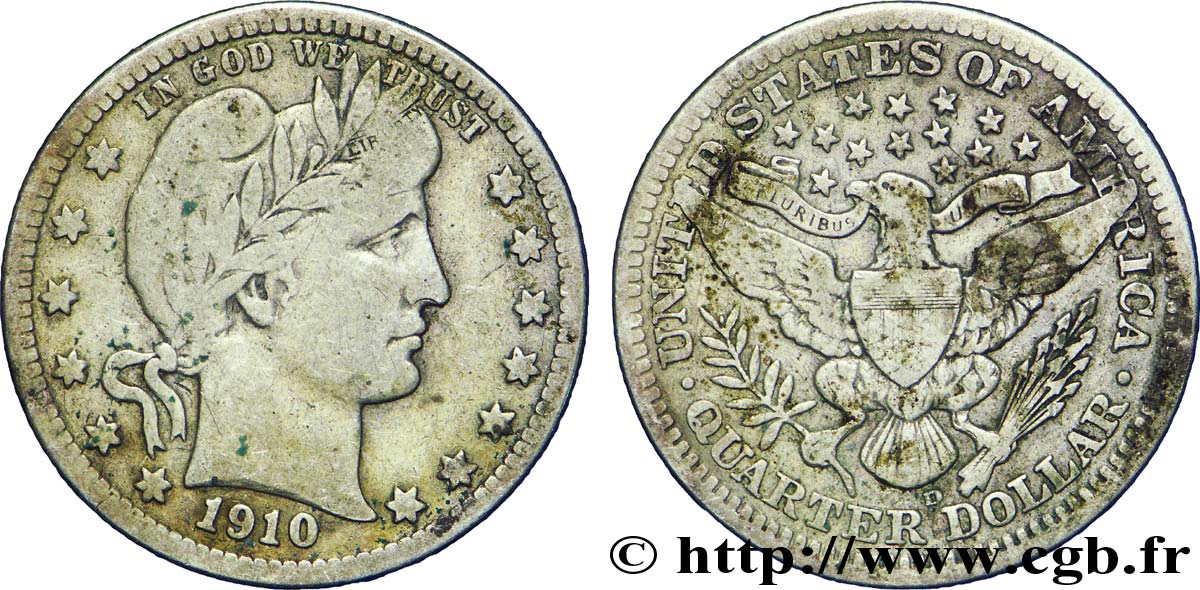 UNITED STATES OF AMERICA 1/4 Dollar Barber 1910 Denver VF 
