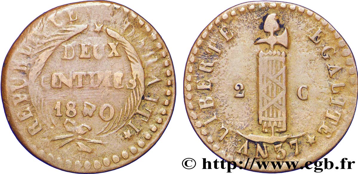 HAITI 2 Centimes faisceau, an 37 1840  VF 