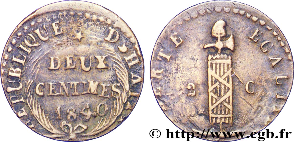 HAITI 2 Centimes faisceau, an 37 1840  BC+ 