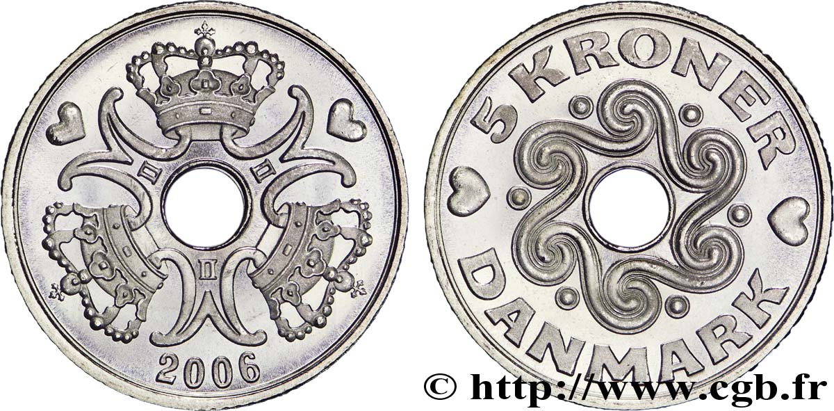 DANEMARK 5 Kroner couronnes et monograme de la reine Margrethe II 2006 Copenhague SPL 