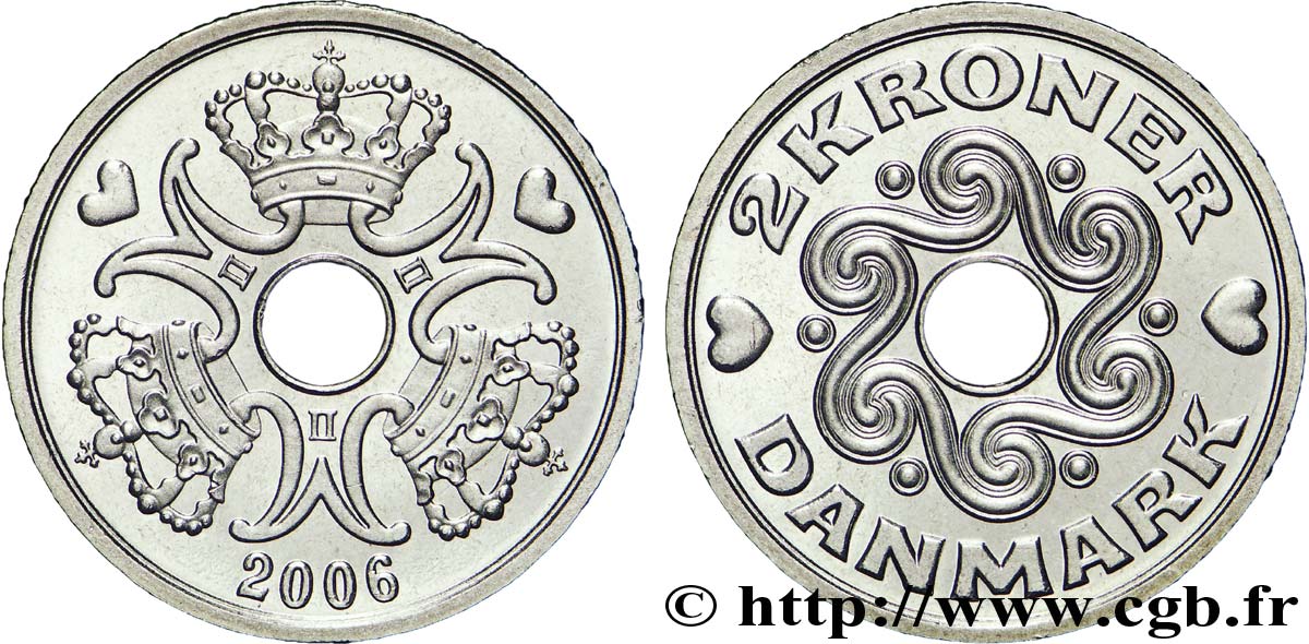 DINAMARCA 2 Kroner couronnes et monograme de la reine Margrethe II 2006 Copenhague SC 